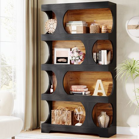 S-Shaped Etagere Bookcase, 4-Tier Wood Bookshelf, 71" Modern Decorative Display Shelf, Free-Standing Book Shelf For Living Room, Bedroom, Home Office Bookcase Freestanding, Bookshelves Design, Bookshelf Wood, Unique Bookshelves, Bookcase Display, Tall Bookcase, Library Bookshelves, Cool Bookshelves, Mini Library