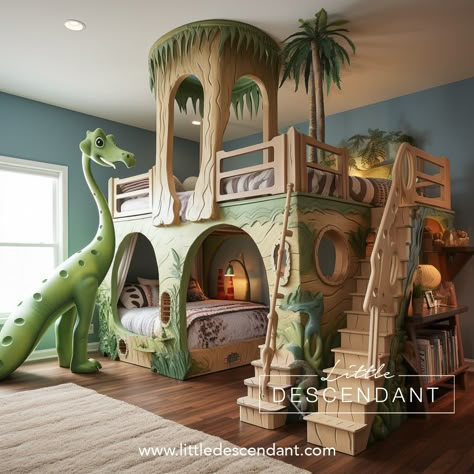 _-dinobed-04 Dinosaur Bed Frame, Dino Bedroom Ideas For Boys, Dino Boys Room, Toddler Boy Room Dinosaur, Dino Room Ideas, Big Boy Bedrooms Toddler, Jurassic Park Bedroom, Dino Bed, Jungle Boys Room