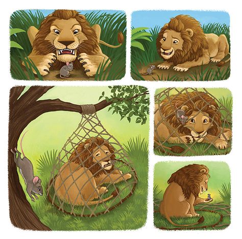 Lion And Mouse Story Pictures Printable, The Lion And The Mouse Story Pictures, Lion And Rat Story Images, Lion And The Mouse Story Images, Lion And Mouse Story Pictures, Story Pictures For Kids, Children's Book Illustration Styles, Sequence Illustration, Lion And Mouse