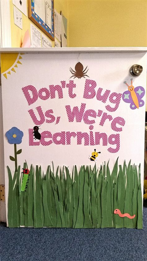 "Don't bug us, we're learning" spring classroom door. Spring Class Art Project, Spring Butterfly Door Decorations Classroom, Spring Themed Door Decorations Classroom, Garden Door Ideas Preschool, Insect Theme Classroom Decorations, Butterfly Preschool Classroom Decor, Bugs Door Decorations Classroom, Spring Pre K Door Ideas, April Classroom Themes