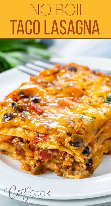 taco lasagna on a white plate Enchilada Lasagna Recipe, Meals With Lasagna Noodles, Uses For Lasagna Noodles, Things To Make With Lasagna Noodles, Things To Do With Lasagna Noodles, Taco Lasagna Bake, Lasagna With Ramen Noodles, Lasagne Noodles Uses, Taco Lasagna Recipe With Noodles