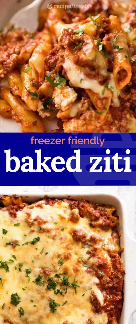 Baked Ziti is so much more than just a Bolognese pasta bake…. It’s a big, juicy baked pasta that’s loaded with flavour from a healthy dose of seasonings and topped with a generous amount of cheese. Cosy food that’s easy enough for midweek yet worthy of company.  Bonus: perfect freezer friendly meal! Freezer Baked Ziti, Ziti Noodles, Cosy Food, Pregnancy Freezer Meals, Bolognese Pasta Bake, Italian Casserole, Bolognese Pasta, Easy Baked Ziti, Freezer Dinners