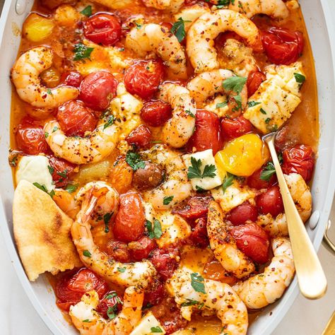 Baked-Feta-Shrimp-with-Tomatoes Feta Shrimp, Cherry Tomato Recipes, Tomato Recipe, Baked Feta, Cherry Tomato Pasta, Roasted Shrimp, Feta Recipes, Baked Tomatoes, Baked Shrimp