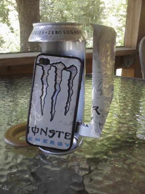 This iPhone case made from an actual Monster Energy drink can.  Cut from the can w/ a utility knife and clear-coated with two coats of polyurethane. Monster Energy Phone Case, What To Do With A Monster Can, Energy Drink Can Crafts, Monster Drink Ideas, Monster Energy Can Ideas, Monster Energy Drink Can Crafts, What To Do With Monster Cans, Monster Drink Diy, Things To Do With Monster Cans