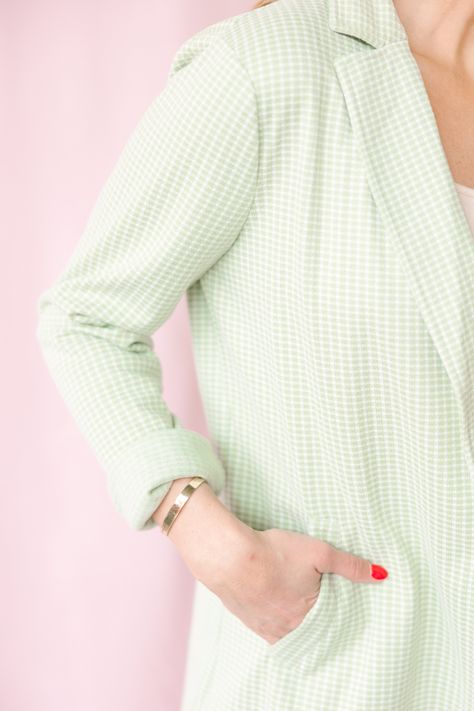 Be bold and stylish with our Gingham Check Oversized Blazer. This pastel green blazer is oversized for a fun and playful look. Perfect for any occasion, make a statement with gingham and step out in style. It is made of: 100% Polyester Here's a look at the measurements: Small: Bust : approx. 42" Length: approx. 34.5" Arm: approx. (at bicep) 13" Medium: Bust : approx. 44" Length: approx. 35" Arm: approx. (at bicep) 14" Large: Bust : approx. 46" Length: approx. 35.5" Arm: approx. (at bicep) 15" Ou Green Blazer, Oversized Blazer, Gingham Check, Pastel Green, Large Bust, Small Bust, Be Bold, Gingham, In Style