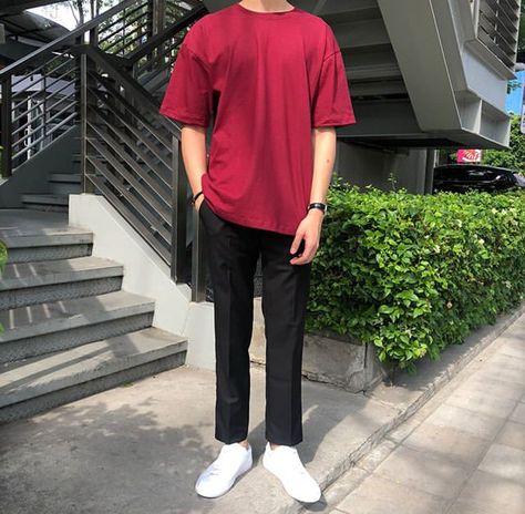 Boyfriend Outfit Men Simple, Korean Simple Outfits Men, Red Tshirt Outfit Mens, Ootd Pria Simple, Anya Outfit, Red Tshirt Outfit, Ankle Pants Outfit, Outfit For College, Vest Outfits Men