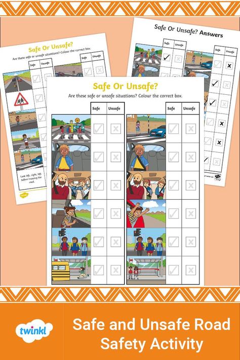 This safe and unsafe situations worksheet is designed to help your learners understand how to cross the road safely. It's fun, and can be used to create a discussion around road safety. Learners need to colour in the safe or unsafe box for each image on the sheet. They can colour the safe situations green and the unsafe situations red. The worksheet features lots of colourful illustrations depicting different road crossing scenes, to help keep learners engaged. Safe Unsafe Activities, Safe And Unsafe Worksheets, Personal Safety Activities For Kids, Road Safety Worksheet, Traffic Rules For Kids, Road Safety Games, Aba Activities, Clinic Room, Street Safety