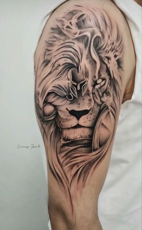 Lion Tattoo Upper Arm, Upper Half Sleeve Tattoos For Guys, Best Lion Tattoos Men, Half Sleeve Tattoos For Guys Upper Arm, Upper Arm Sleeve Tattoos For Guys, Lion Warrior Tattoo, Upper Arm Tattoo Men, Shoulder Tattoos For Men, Lion Shoulder Tattoo