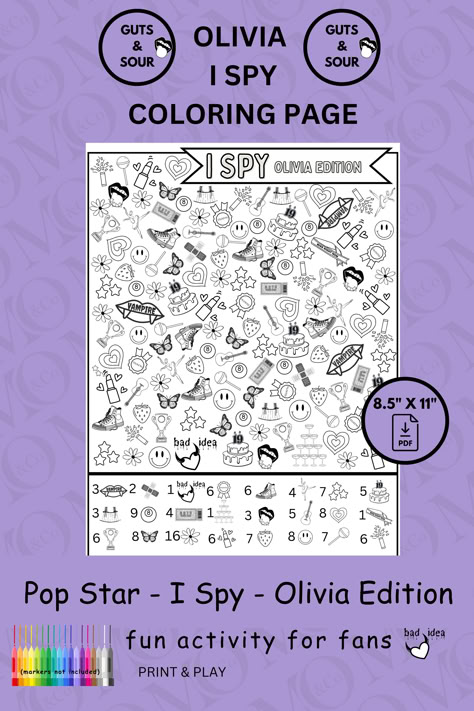 This one page printable activity blends the love of all things Olivia with the creativity and joy of coloring.  Ideal for birthday or slumber parties, quiet afternoons, rainly days or special "I'm thinking about you" email-able gifts.  Download, print and start colouring.  Buy once and print as many copies as you need.   This is part of a POP STAR series featuring Olivia, Sabrina and Taylor. Olivia Rodrigo Craft Ideas, Olivia Book Activities, Olivia Rodrigo Coloring Page, Olivia Rodrigo Game, Olivia Rodrigo Bday, Olivia Rodrigo Birthday Party Theme, Olivia Rodrigo Party Ideas, Olivia Rodrigo Sour, Olivia Rodrigo Sleepover