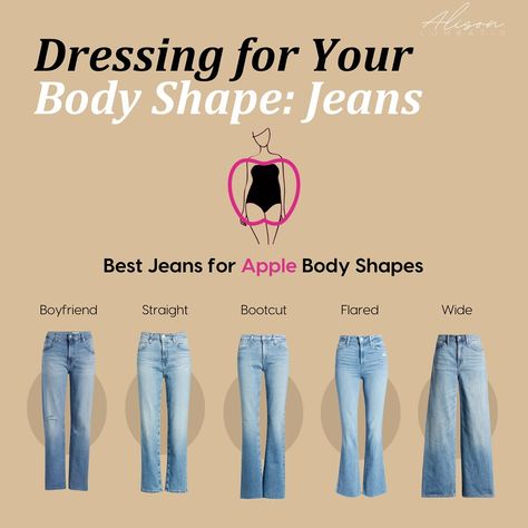 If you’re an apple shape, this is for you...👇👇👇 Apple body shapes often feature a larger bust, narrow hips, and a fuller midsection, which can make you look top-heavy with little waist definition. To balance your silhouette, choose clothes that add curves to your lower body and define your waist. For tops, opt for necklines that visually separate your bust from your tummy, like v-necks, sweetheart, scoop, square, and strapless. Choose tops that skim over your tummy and draw attention to you... Apple Shape Jeans, Apple Body Shape Fashion, Body Shape Guide, Apple Shape Fashion, Apple Body Type, Apple Shape Outfits, Body Positive Fashion, Narrow Hips, Ladies Outfits