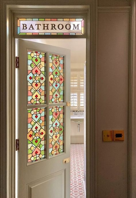 Victorian Back Door, Bathroom Door With Window, Victorian Homes Bathroom, Victorian Stained Glass Door, Glass Door Decor, Bathroom Door Design, Bathroom Door Ideas, Victorian Flat, Interior Glass Doors