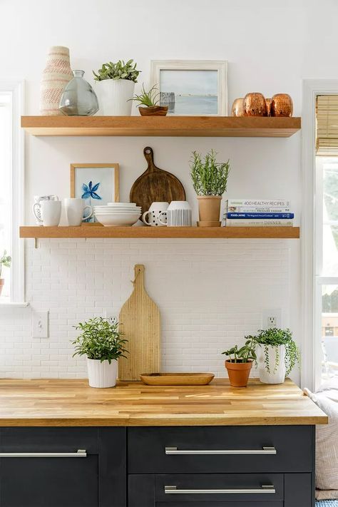 How to Effortlessly Style Open Kitchen Shelves in 5 Easy Steps Styling Open Kitchen Shelves, Kitchen Shelf Styling, Decorating Above Kitchen Cabinets, Oak Floating Shelves, Floating Shelf Decor, White Kitchen Backsplash, Kitchen Shelf Decor, Floating Shelves Kitchen, Farmhouse Sinks