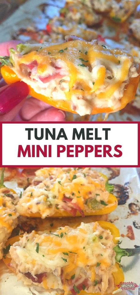 Tuna Melt Stuffed Mini Peppers Mini Peppers, Tuna Melt, Delicious Seafood Recipes, Canned Tuna, Stuffed Mini Peppers, Low Carb Snack, Tuna Melts, Healthy Fish, Turkey Bacon