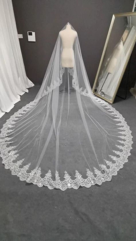 Cheap Bridal Veils, Buy Quality Weddings & Events Directly from China Suppliers:No Comb Wedding Veil Full Edge with Lace Bling Sequins 4 M One Tier Lace Bridal Veil Long Veil for Bride Wedding Accessories Enjoy ✓Free Shipping Worldwide! ✓Limited Time Sale ✓Easy Return. Cathedral Length Wedding Dress, Long Veils Bridal, Veil For Bride, Diy Wedding Veil, Veil Long, Lace Veils Bridal, Cathedral Bridal Veils, Wedding Bridal Veils, Royal Wedding Dress