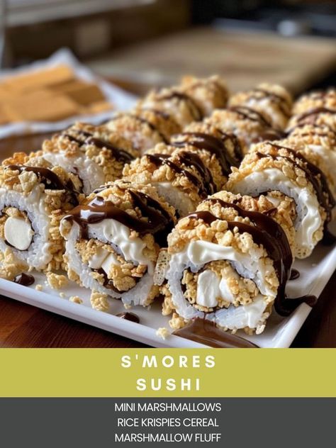 Smores With Marshmallow Fluff, Homemade Flavored Marshmallows, S’mores Rice Krispies, S’more Sushi Recipe, S’mores With Marshmallow Fluff, Sushi Ingredients, Rice Krispie Cereal, Brownie Desserts, Party Dishes