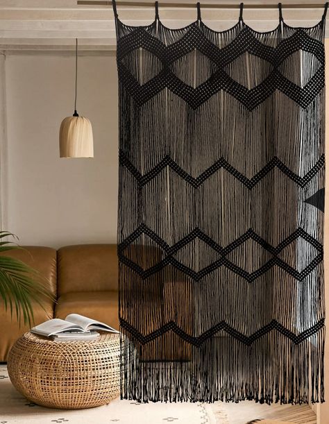 PRICES MAY VARY. Size :Macrame cutrain black Dimensions:42"W（107cm）x 75"H（190cm） Material:Hand knot macrame cord black, 100% cotton. Funtion: macrame curtain is beautiful in any doorway and is a perfect way to cover an open closet to draw attention away form what's inside.Aslo perfectly fit in a bed headboard,living room,gallery wall,fire place ,baby's crib etc. Mounting: -macrame hanging, you'll need something sturdy to hang it from. you can use wooden dowel rods from the craft store, Iron nail Macrame Doorway Curtain, Bedroom Headboard Decor, Window Macrame, Boho Window, Curtain Macrame, Doorway Decor, Wall Fires, Doorway Curtain, Black Macrame