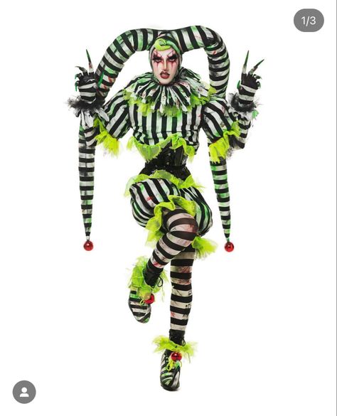 Clown Drag Outfit, Green Clown Costume, Jester Outfit Ideas, Puppet Fashion, Jester Fashion, Clown Drag, Clown Fashion, Drag Costume, Jester Outfit