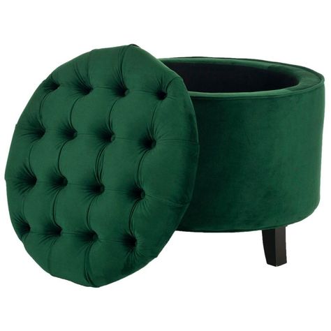 Dark Green Living Room, Emerald Green Rug, Dark Emerald Green, Round Storage Ottoman, Tufted Storage Ottoman, Tufted Ottoman, Round Storage, Trendy Bathroom, Living Room Green