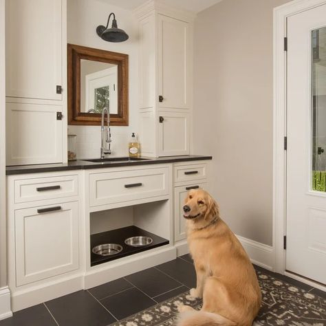 Pet Feeding Station - Photos & Ideas | Houzz Black Farmhouse Wall, Wall Sconces Black, Sconces Black, Farmhouse Wall Lighting, Traditional Entryway, Mudroom Remodel, Wall Light Outdoor, Built In Lockers, Mudroom Cabinets