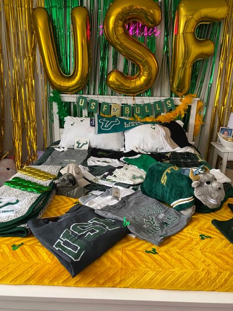 College Commitment Party, Decision Aesthetic, Usf Graduation Party, Usf Aesthetic, Fsu Bed Decorating, Decision Pictures, Bed Decorating College Acceptance, Bed Party College Lsu, College Acceptance Bed