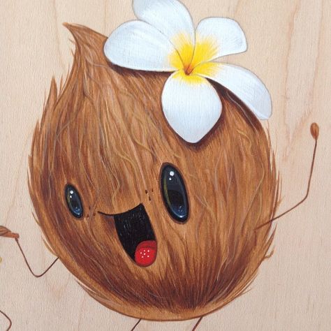 Here's a happy coconut to keep your mind off the cold winds blowing today - have a good weekend everyone! (WIP of a larger painting for my… Coconut Character, Fruits Colouring, Coconut Cartoon, Coconut Illustration, Coconut Painting, Coconut Kefir, Pokemon Light, Coconut Drinks, Person Drawing