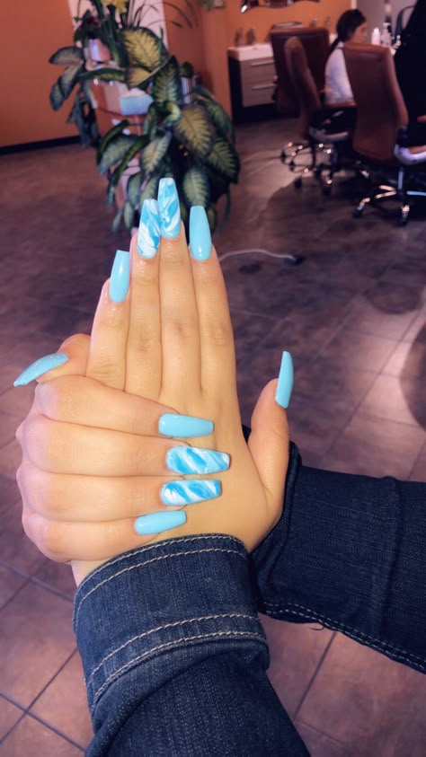 Summer acrylic marble nails, long, spring color, sky blue, coffin, design Light Blue Marble Nails, Acrylic Marble Nails, Blue Marble Nails, Nail Marble, Light Blue Marble, Coffin Design, Sky Blue Nails, Water Nails, Summer Acrylic