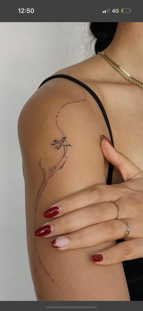 Shoulder Down Arm Tattoo, Divine Feminine Tattoo Meaning, Forearm Tattoo Women Aesthetic, Back Of Arm Sleeve Tattoo, Cool Fine Line Tattoos For Women, Shoulder Flower Tattoo Designs, Ballet Inspired Tattoos, Inner Tricep Tattoo Women, Abstract Orchid Tattoo