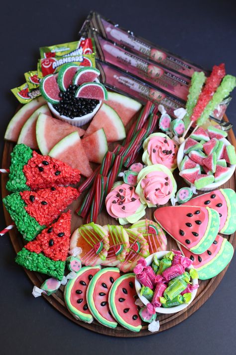 Watermelon Sweets & Treats Board - Snowflakes & Coffeecakes Cooking School Watermelon Charcuterie Board, Cheese Ball Turkey, Watermelon Sweets, Watermelon Snacks, Grazing Tray, Treat Boards, Watermelon Treats, Watermelon Sugar Cookies, Holiday Meatballs