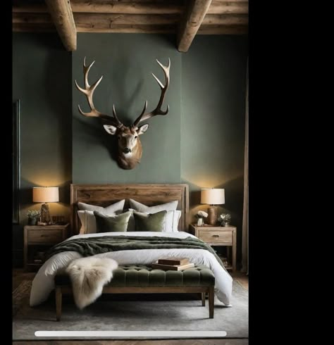 3 Bunk Bed, Cabin Themed Bedroom, Sage Green Farmhouse Bedroom, Green Farmhouse Bedroom, Bedroom Ideas Trendy, Hunter Green Bedrooms, Hunting Room Ideas, Sage Ideas, Sage Green Farmhouse