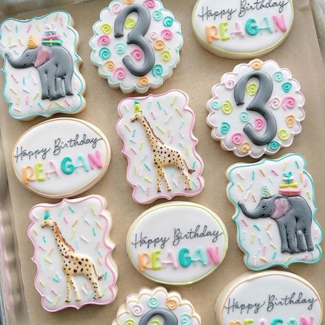 Party Animal First Birthday Girl, Party Animal Birthday Cookies, Party Animal Cupcakes, Party Animal Cookies Decorated, Young Wild And Three Cookies, Party Animal Cookies, Number Cookies, Sugar Cookies With Sprinkles, Animal Themed Birthday Party