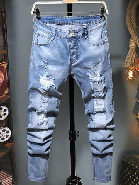 Men's Distressed Water Washed Jeans Slim Fit Long Ripped Frayed Jean Cargo Plain Light Blue Going Out Rock And Roll Friends Light Wash    Denim Plain Skinny High Stretch  Men Clothing, size features are:Bust: ,Length: ,Sleeve Length: Denim Jeans Outfit Men, Long Tattoo, Shen Long Tattoo, Swag Fits, Denim Jeans Outfit, Painted Clothes Diy, Jeans Outfit Men, Jeans Mens, Pocket Jeans