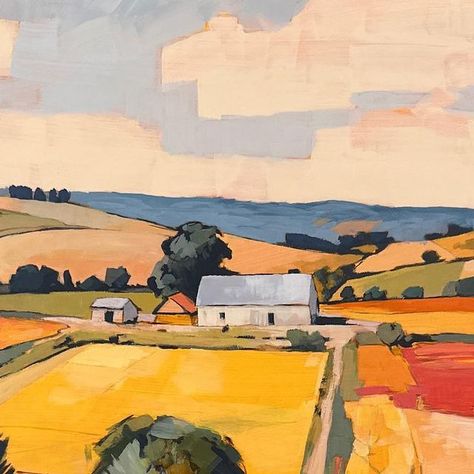 People In Landscape Paintings, Simplified Landscape Painting, Cezanne Landscape, Cezanne Paintings, Patchwork Fields, Lofi Animation, Acrylic Landscape Paintings, Famous Landscape Paintings, Classical Landscape