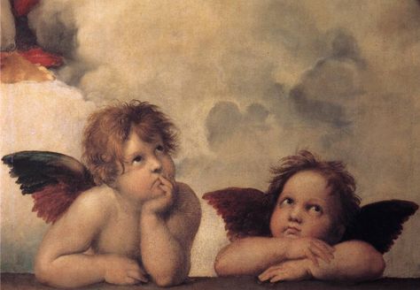 Raphael painting defiantly focus's on the two babes faces I mean look at there eyes were are they looking to? I really like this painting because it has character. Raphael Paintings, Raphael Sanzio, Raphael Angel, Sistine Madonna, I Believe In Angels, Angels Among Us, Sistine Chapel, Angel Pictures, Guardian Angels