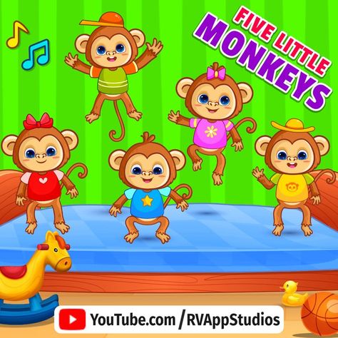 🐒 The super fun and happy kids song, Five Little Monkeys, has arrived in sing-along form! ✔️ Check out our latest animated nursery rhyme video featuring those naughty monkeys jumping on the bed. 😍 Kids love it, and parents will, too! 🔔 If our songs help your child learn while having fun, be sure to LIKE, SHARE, and SUBSCRIBE to our YouTube channel for more! 🔥 Keep loving and supporting us ! #FiveLittleMonkeys #BabySongs #NurseryRhymes #RVAppStudios Monkey Jumping On The Bed, Monkey Jumping, Monkeys Jumping On The Bed, 5 Little Monkeys, Rhymes Video, Jumping On The Bed, Monkey Jump, Toddler Craft, Bed Kids