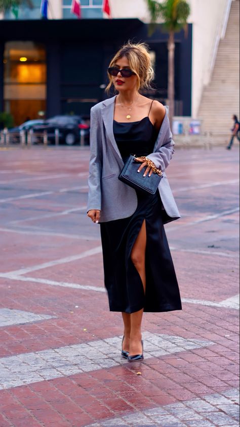 Black Silk Dress Outfit Classy, Oversized Blazer With Dress, Black Silk Dress Outfit, Silk Dress Outfit Classy, Dress And Oversized Blazer, Blazer With Dress, Silk Dresses Outfit, Black Silk Dress, Oversized Blazer