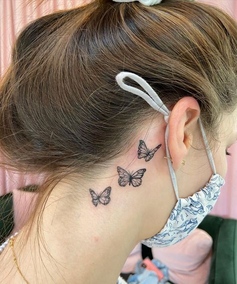 A Butterfly Tattoo, Butterfly Neck Tattoo, Wörter Tattoos, Butterfly Name Tattoo, Alchemy Tattoo, Three Butterflies, Blue Butterfly Tattoo, Behind Ear Tattoos, Butterfly Tattoo Meaning