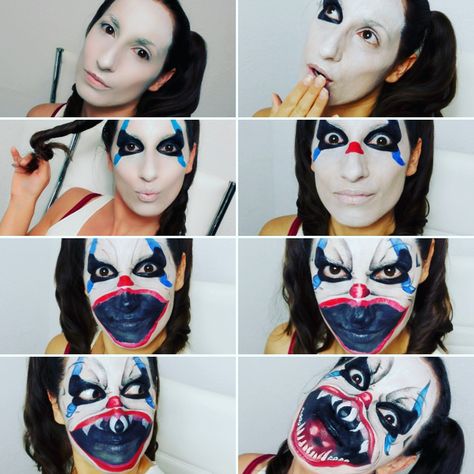 Step-by-step scary clown makeup tutorial Easy Clown Makeup Scary, Evil Clown Makeup Easy, Clown Face Paint Scary, Creepy Clown Face Paint, Scary Clown Makeup Tutorial, Clown Face Makeup, Clowns Halloween, Clown Makeup Ideas, Clown Makeup Tutorial