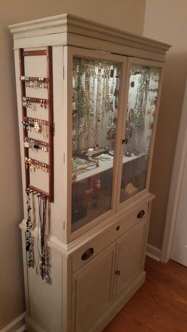 My repurposed 1950s China cabinet, now my  beautiful new Jewelry Armoire! China Cabinet Closet, Armoire Into Jewelry Cabinet, China Cabinet Storage Ideas, Hutch Jewelry Display, Dresser Jewelry Display, Large Jewelry Collection Storage, Cute Jewelry Storage, Jewelry Armoire Repurpose, Large Jewelry Storage