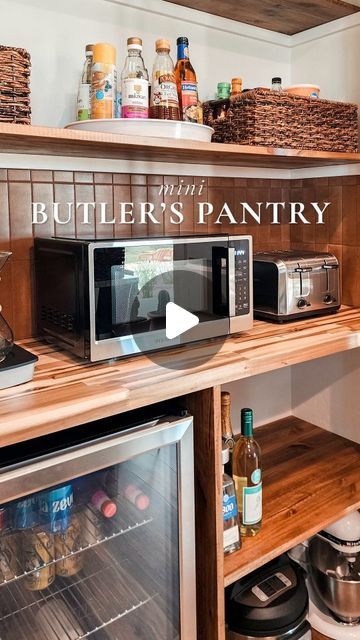 Jeanie Marie | Home + Lifestyle on Instagram: "DIY 🛠 Mini Butler’s Pantry   How we transformed our builder-grade kitchen pantry into a functional Butler’s Pantry:  - Electrical: After demo, we had our electrician install outlets to accommodate small appliances and a mini fridge.  - Countertop: For a budget-friendly pantry counter, we chose a beautiful butcher block, clear-coated multiple times for durability.  - Backsplash: To elevate the design, we opted for a pretty terracotta backsplash.  - Shelving: We stained the shelving with Minwax Early American Stain, followed by several coats of clear finish.  - Mini Fridge: Adding a mini fridge freed up space in our main refrigerator, perfect for storing drinks.  - Basket Storage: Organizing dry goods in baskets keeps the pantry tidy and visual Terracotta Backsplash, Pantry Counter, Early American Stain, Builder Grade Kitchen, Butler’s Pantry, Small Pantry, Builder Grade, Basket Storage, Butler's Pantry