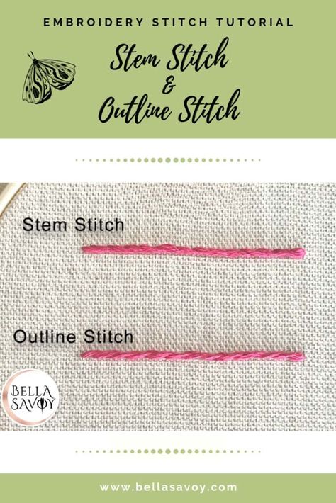 Stem Stitch and Outline Stitch Tutorial — Bella Savoy Contour Stitch Embroidery, Hand Embroidery Outline Stitch, Embroidery Fill In Stitches, How To Outline Stitch Embroidery, How To Outline Embroidery, Contour Embroidery Stitch, Best Embroidery Stitch For Outline, Outline Stitch Embroidery Tutorial, Cross Stitch Outline