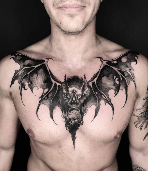 Bat Chest Tattoo, Shen Long Tattoo, Bats Tattoo Design, Vampire Tattoo, Bat Tattoo, Demon Tattoo, Scary Tattoos, Spooky Tattoos, Chest Tattoo Men