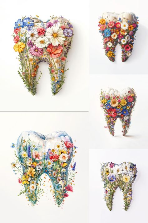 A set of 5 prints of anatomical teeth with flowers growing out of them that could be the perfect artwork for dentist office wall decor. Dentist Art Design Teeth, Tooth With Flowers, Tooth Printable, Dentistry Art, Anatomy Decor, Dental Wall Art, Tooth Art, Dental Ceramics, Dental Pictures