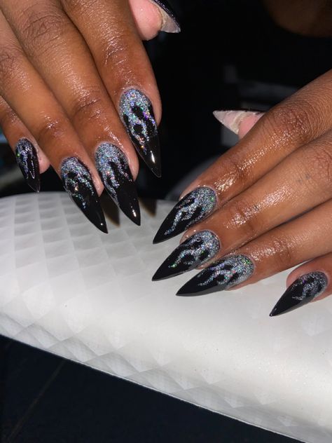 At Home Nail Tech, Glitter Flame Nails, Black Sparkle Nails, Flame Nails, Custom Nails, Stiletto Nails Designs, Flame Design, Nails Glitter, Sparkle Nails