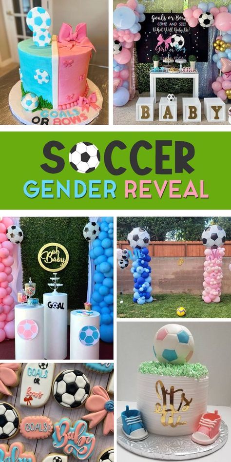 Soccer Gender Reveal Invitations, Soccer Themed Gender Reveal Party, Gender Reveal Ideas For Party Soccer, Soccer Or Bows Gender Reveal, Soccer Gender Reveal Decorations, Goals Or Bows Gender Reveal Decorations, Goals Or Bows Gender Reveal Cake, Soccer Gender Reveal Ideas For Party, Goals Or Bows Gender Reveal Ideas