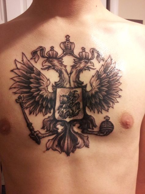 Russian Orthodox Double Eagle Tattoo Eagle Chest Tattoo, Mens Body Tattoos, Crest Tattoo, Russian Tattoo, Prison Tattoos, Tattoo Inspiration Men, Eagle Tattoos, Leg Tattoo Men, Eagle Tattoo