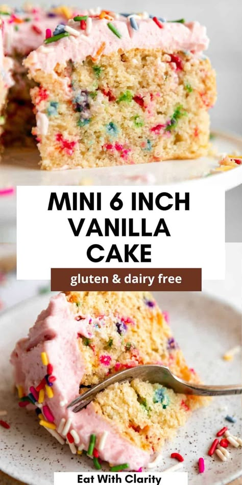 This mini gluten free vanilla funfetti cake is easy to make, topped with dairy free buttercream frosting and perfect for a simple birthday dessert. Mini Vanilla Cake, Gluten Free Funfetti Cake, Dairy Free Birthday Cake, Dairy Free Vanilla Cake, Dairy Free Buttercream, Gluten Free Birthday Cake, Gluten Free Vanilla Cake, Grain Free Desserts, Fun Dessert