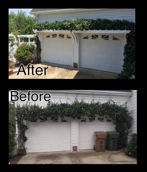 Our confederate jasmine was planted 20 years ago & I refused to cut it down to install a trellis... so my husband built the trellis around it Side House Trellis, Jasmine Front Porch, Trellis On Front Of House, Garage Trellis Ideas, Star Jasmine Trellis Wall, Front Porch Trellis, Trellis Over Garage Door, Star Jasmine Trellis, Garage Door Trellis