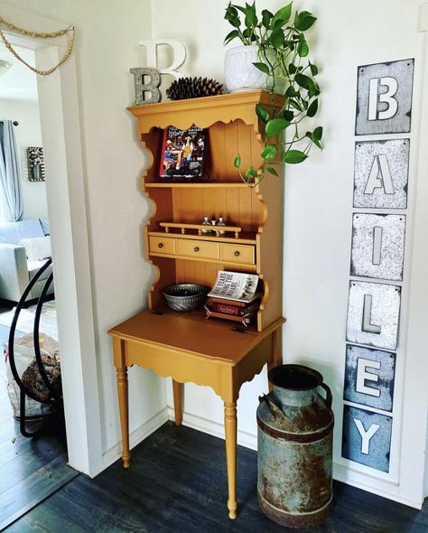 Mustard Yellow Painted Furniture, Dresser Restoration, Yellow Entryway, Hutch Desk, Yellow Painted Furniture, Mustard Yellow Paints, Restored Dresser, Farmhouse Colors, Secretary Desk With Hutch