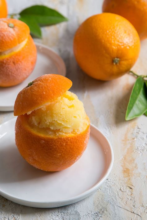 Orange Sorbet (served in orange cups)- The Little Epicurean Orange Cups, Orange Sorbet, Make Simple Syrup, Sorbet Recipes, Healthy Food Motivation, Food Concept, Frozen Treat, Cooking Ingredients, Three Ingredient