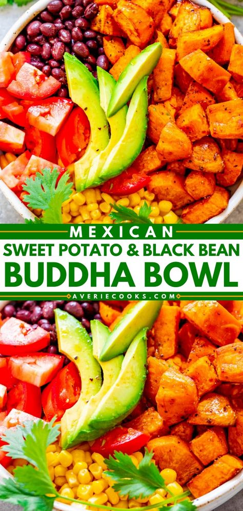 Mexican Sweet Potato Bowl - Averie Cooks Sweet Potato And Black Bean Bowl, Black Bean Buddha Bowl, Mexican Sweet Potato, Sweet Potato Bowl, Mexican Sweet Potatoes, Sweet Potato And Black Bean, Potato Bowl, Bowl Meals, Sweet Potato Bowls